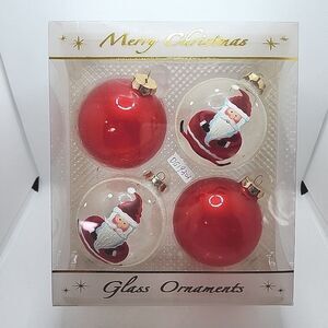 VTG Lot Of 4 Glass Christmas Ornaments 2 Hand Painted Santas 2 Solid Red 3.5"